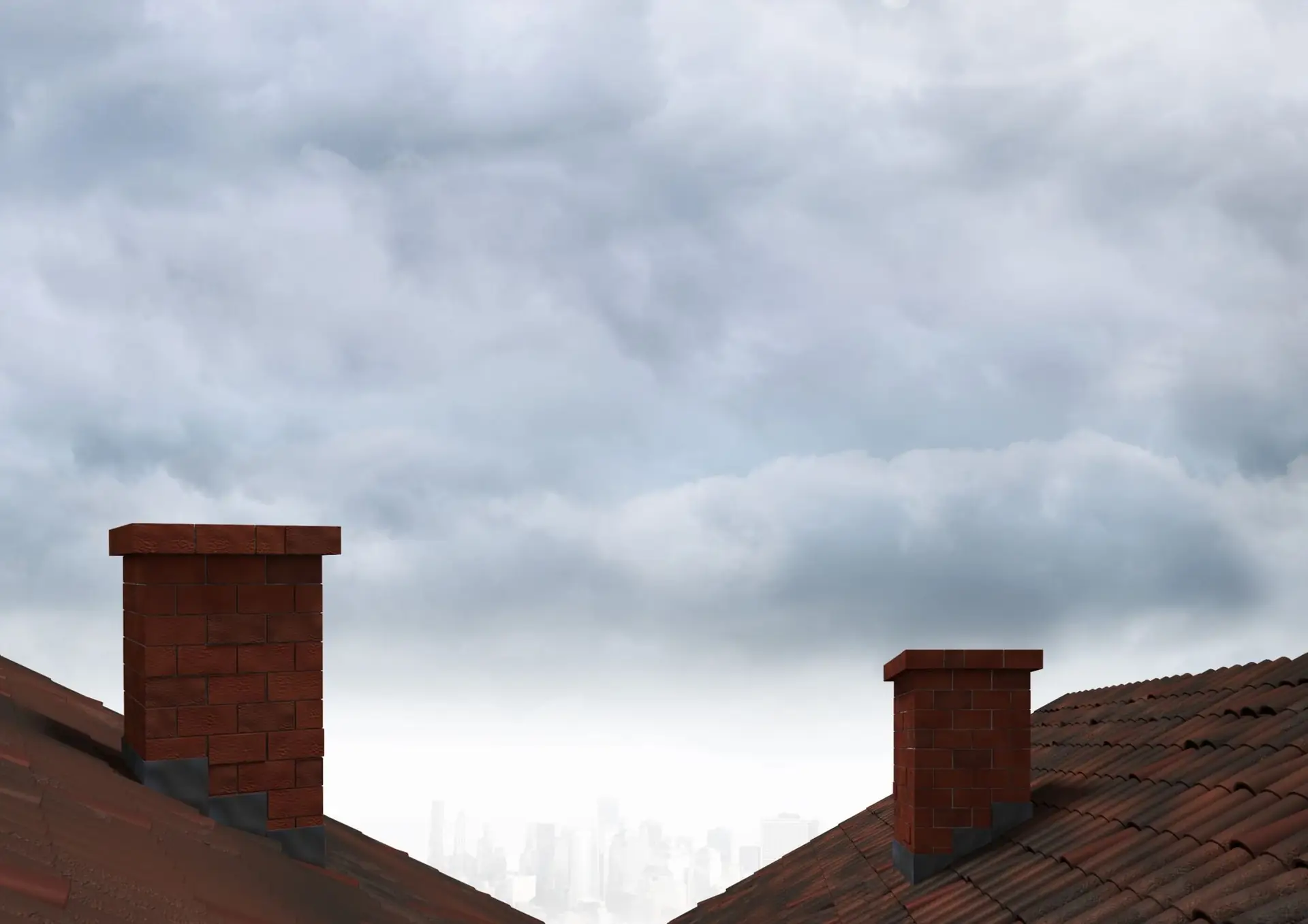 A red brick chimney on a tiled roof under stormy clouds