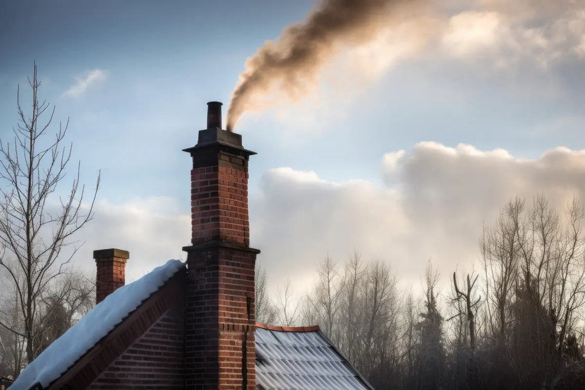 Smoke from a brick chimney among bare winter trees