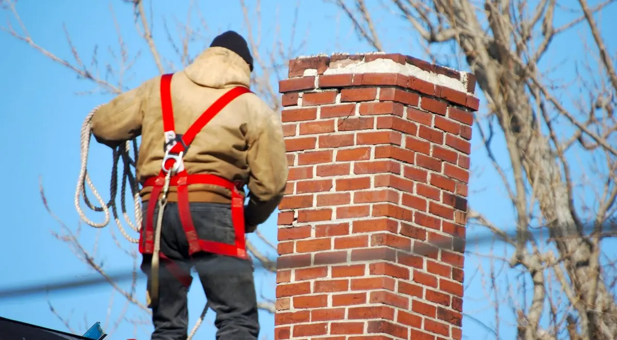 A technician in a red safety harness beside a brick chimney with a worn crown
