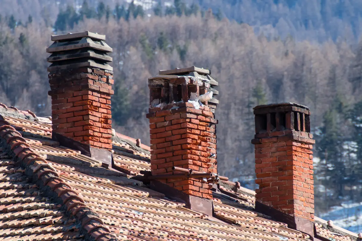 Three brick chimneys on tiled roofs with a forested hill behind