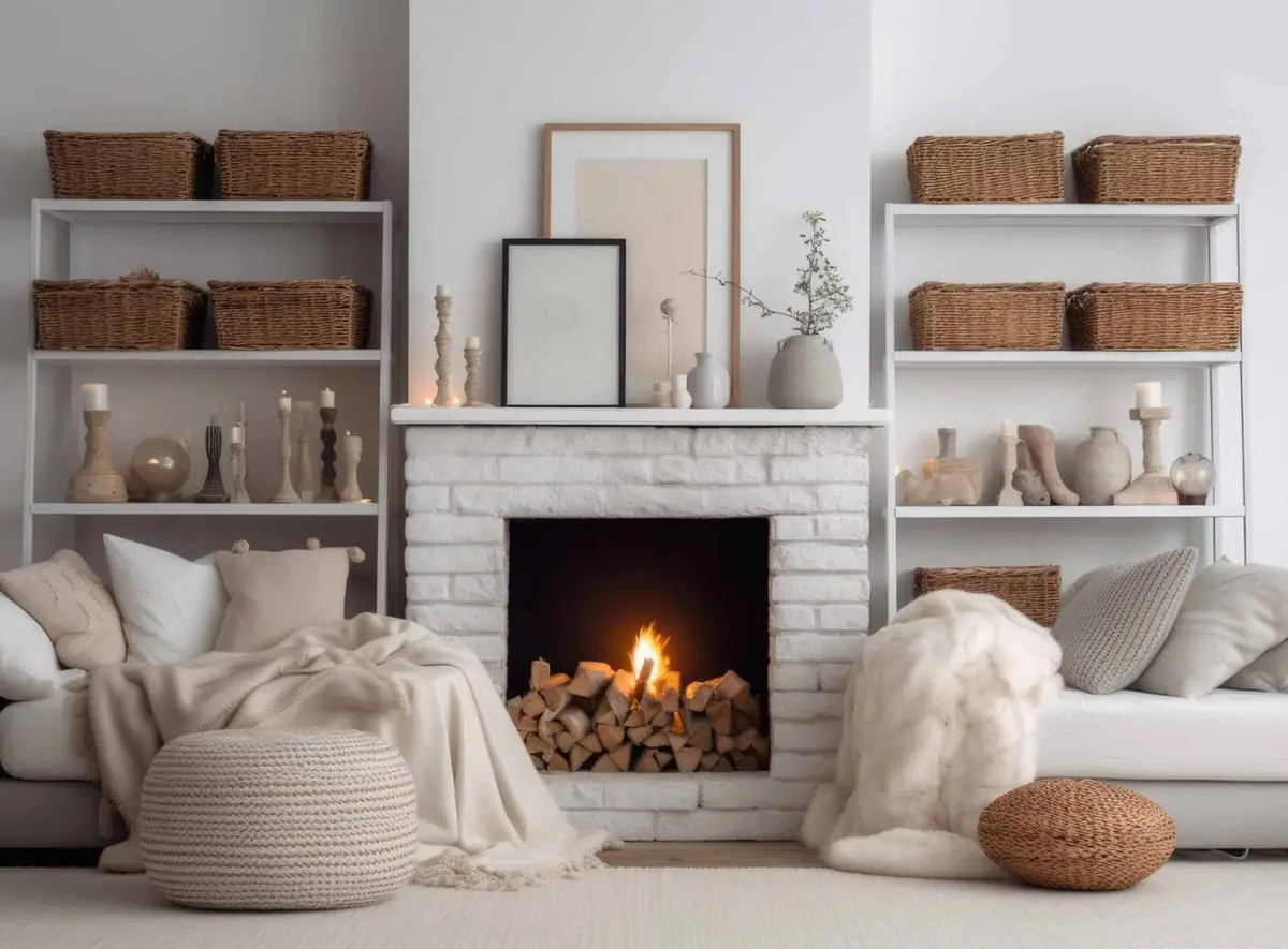 A white brick fireplace with a stack of logs burning in a cozy living room