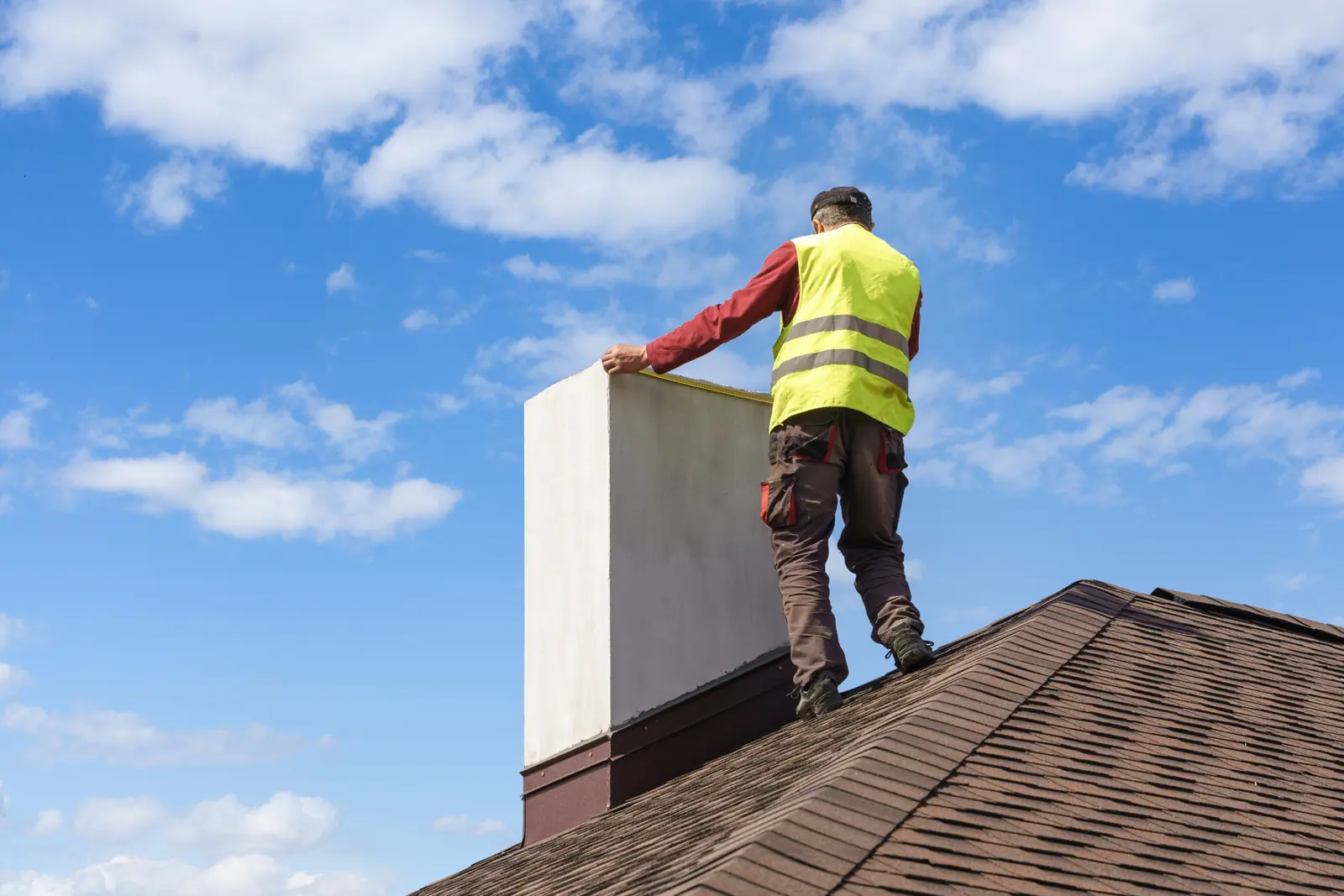 A worker in a safety vest standing on a roof beside a chimney